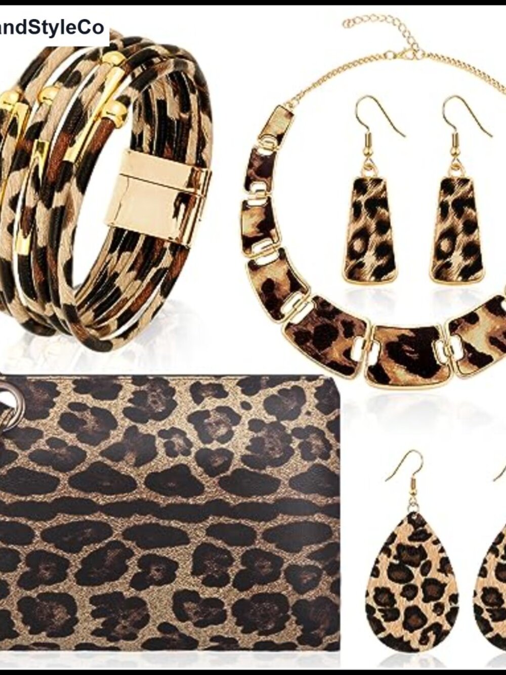 Leopard Print Jewelry Set with Purse - Necklace, Earrings, Bracelet, Clutch